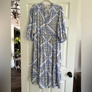 Hope Springs Boho Flowy Long Sleeve Pale Blue White Print Dress Size‎ 2XL XXL
